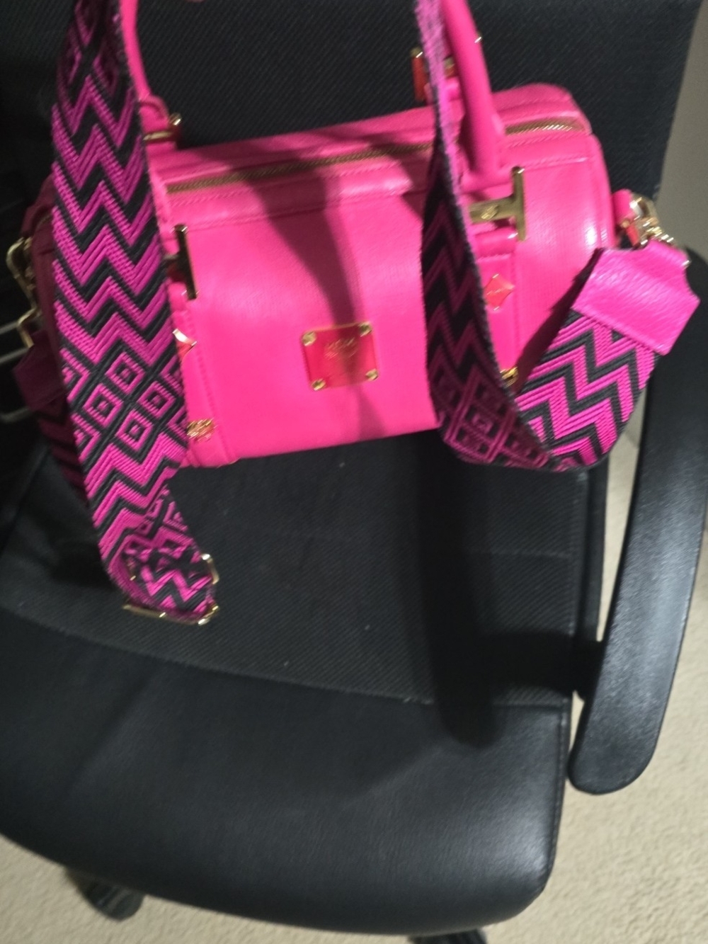 MCM Hot Pink Crossbody Bag with Patterned Strap